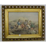 Early 19thC Needlework, family group in garden with goats, 15”w x 18”h