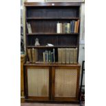 19thC Rosewood Open Bookcase, on a base with two brass latticed-front cabinet doors, enclosing