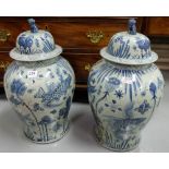 Pair of Porcelain Blue and White Ginger Jars with Lids, bulbous shaped, each 22”h