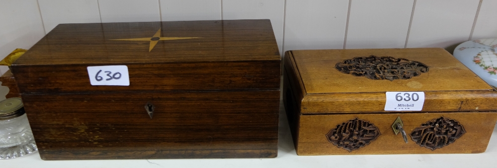 Chinese Trinket Box with carved lid and side panels (8”w) & a Rosewood Jewellery Box with hinged lid