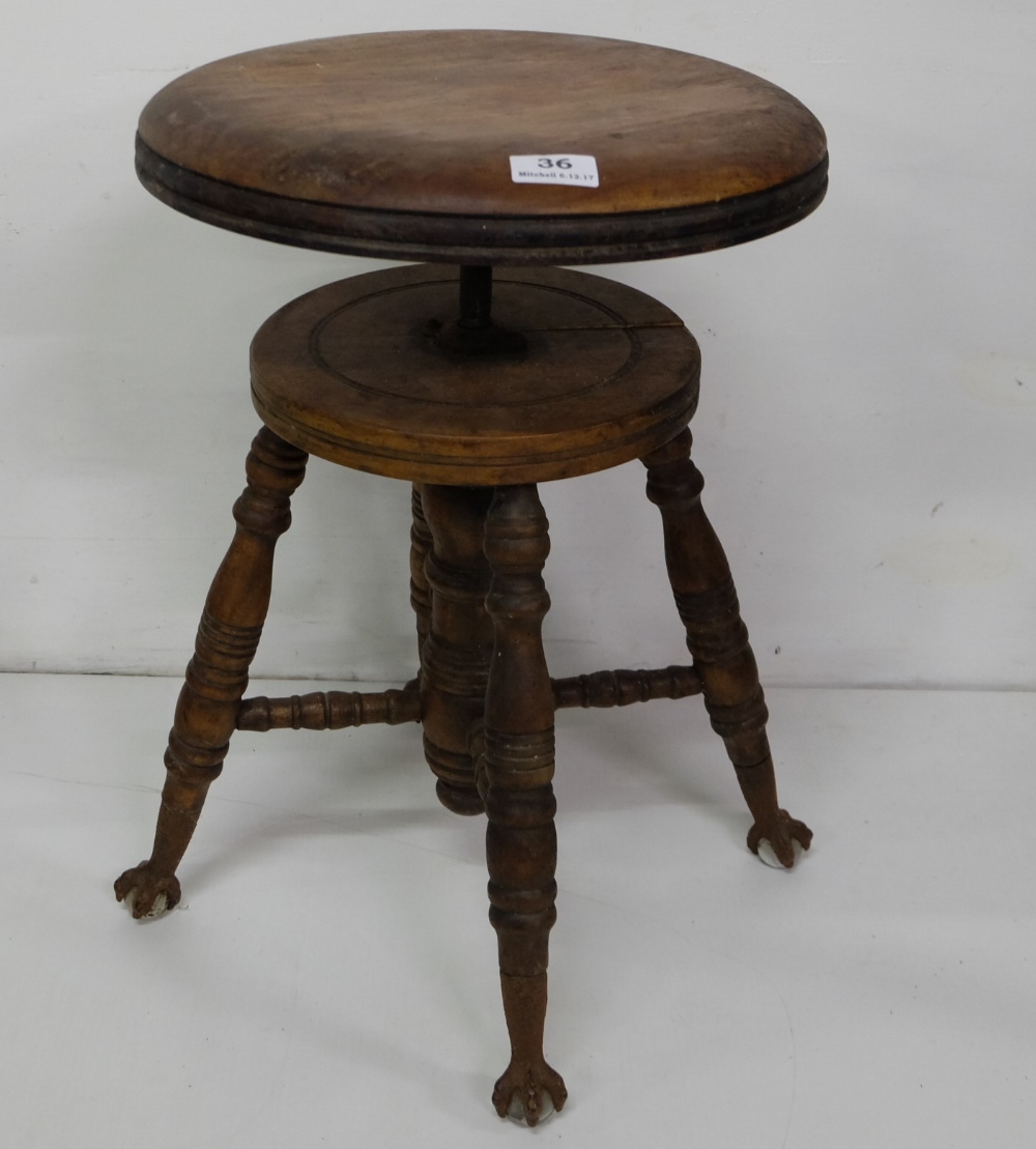 Revolving Oak Circular Stool, on 4 turned legs, bird claw toes, 14” dia - Image 2 of 2