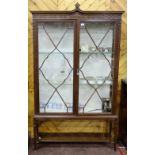 Edwardian Mahogany Display Cabinet with 3 plate glass shelves and cream satin covered, on tapered