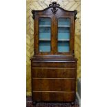 19th Century Continental mahogany bureau bookcase, 2 upper glass doors enclosing shelves above a