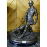 French Bronze Study of Hunter with Hunting Dog, signed, after "Mene", on an oval black marble