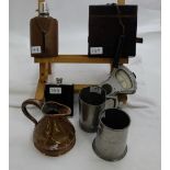 2 pewter tankards, copper jug, 2 hip flasks & voltometer (6)