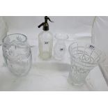 2 Cut Crystal Vases (1 Waterford, 1 Galway), a smaller Waterford Vase & a soda syphon (4)