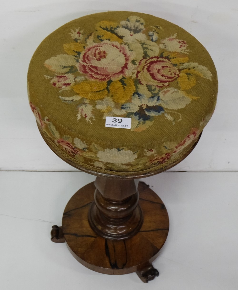 WMIV Rosewood Piano Stool, with floral needlepoint covered seat