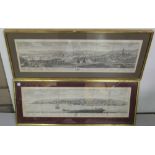 2 x antique framed etchings of Cork and Youghal, inscribed and presented by Ch Smith, 26”x7.5” (2)