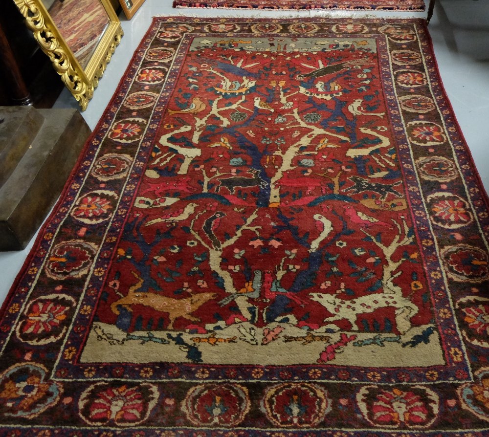 Wool Floor Rug – red ground - Tree of Life with birds, 2.08 x 1.28m