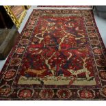 Wool Floor Rug – red ground - Tree of Life with birds, 2.08 x 1.28m