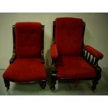 Lady’s and Gents Mahogany Framed Armchairs, on turned legs, WMIV period, red velvet fabric