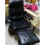 Reclining Armchair with matching stool, covered with black leatherette
