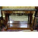 Fine quality Mahogany Console Table, the green marble rectangular top over an apron applied with