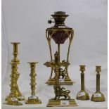 Art Nouveau Brass Oil Lamp with copper bowl (by Benson), 2 pairs of candlesticks,