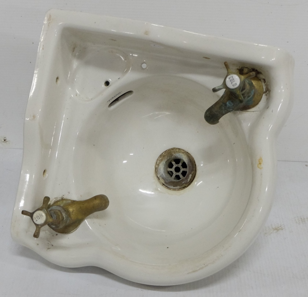 Small Ceramic Corner Sink with brass taps, stamped Alfred Johnson & Son, 13” x 13”