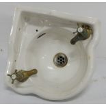 Small Ceramic Corner Sink with brass taps, stamped Alfred Johnson & Son, 13” x 13”