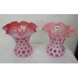 Similar pair of Victorian Vaseline glass vases with fluted top, tulip shaped, red with pink overlay,