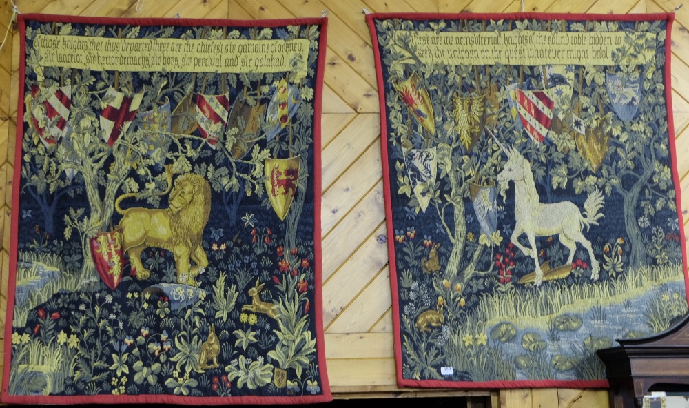 Pair of French Point d’Halluin Tapestries, after William Morris, Waymel, 36”w x 52”h, Lion and
