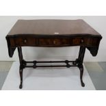 Edwardian Mahogany Sofa Table with drop ends and 3 apron drawers, decorative side stretchers, pad