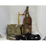 Leg of Mutton Leather Gun Case, a canvas satchel with fishing twine & 2 binoculars (4)
