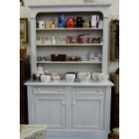 Modern Pine Kitchen Dresser, painted grey, 3 shelves above 2 apron drawers, 2 cabinets below, 86”h x