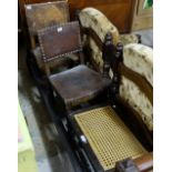 2 worn leather covered antique oak kitchen chairs & an oak framed stool with bergere top (3)