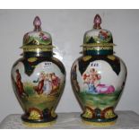 Matching Pair of Continental Porcelain Bulbous Vases with Lids, with Kaufmann romantic scenes (1