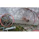Pair Metal Wheel Rake Wheels (corroded) & 3 spoked wheels (incl 1 pair) (5)