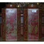 Pair of matching red, octagonal shaped tea bins with lids, featuring Chinese ladies, 14"h (2)