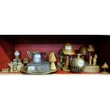Collection brass ornaments and ornamental mushrooms etc (shelf of items)