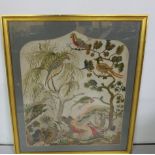 19thC fine needlework in frame – exotic birds in a rural landscape, 27” x 25”