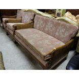 Three Piece Mahogany Suite with bergere end panels, on tapered legs – couch and pair of armchairs,