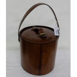 Hand stitched leather bound ice bucket, with leather carrying handle, 8.5” dia x 15”h