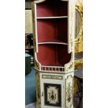 Matching pair of French corner cabinets, each with a shaped top over 3 shelves, one drawer and a