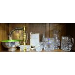 Shelf of Cut Glass etc – Tipperary barrell, Waterford Vase & Jug, photo frame etc