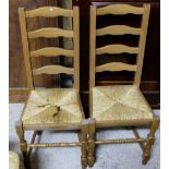 Matching set of 6 pine ladderback kitchen chairs with woven cane seats, stretcher legs (matches