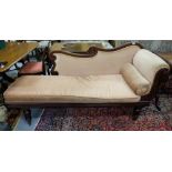WMIV Mahogany Chaise Longe, with removable padded seat, scrolled side arm, on turned legs, 69”long