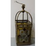 Edwardian Brass Framed Hall Lantern, with coloured and leaded glass panels, 21”h x 8” sq