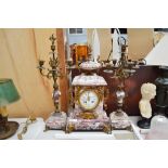 Antique French marble mantle clock and garnitures, has key & pendulum (in office), approx 53cm H x