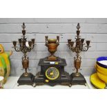 Antique French black slate mantle clock and garnitures, Bozzo, Angers, has key and pendulum (in