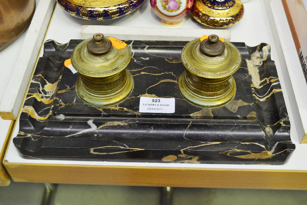 Antique French Empire marble & bronze inkstand, approx 30cm L x 13cm D