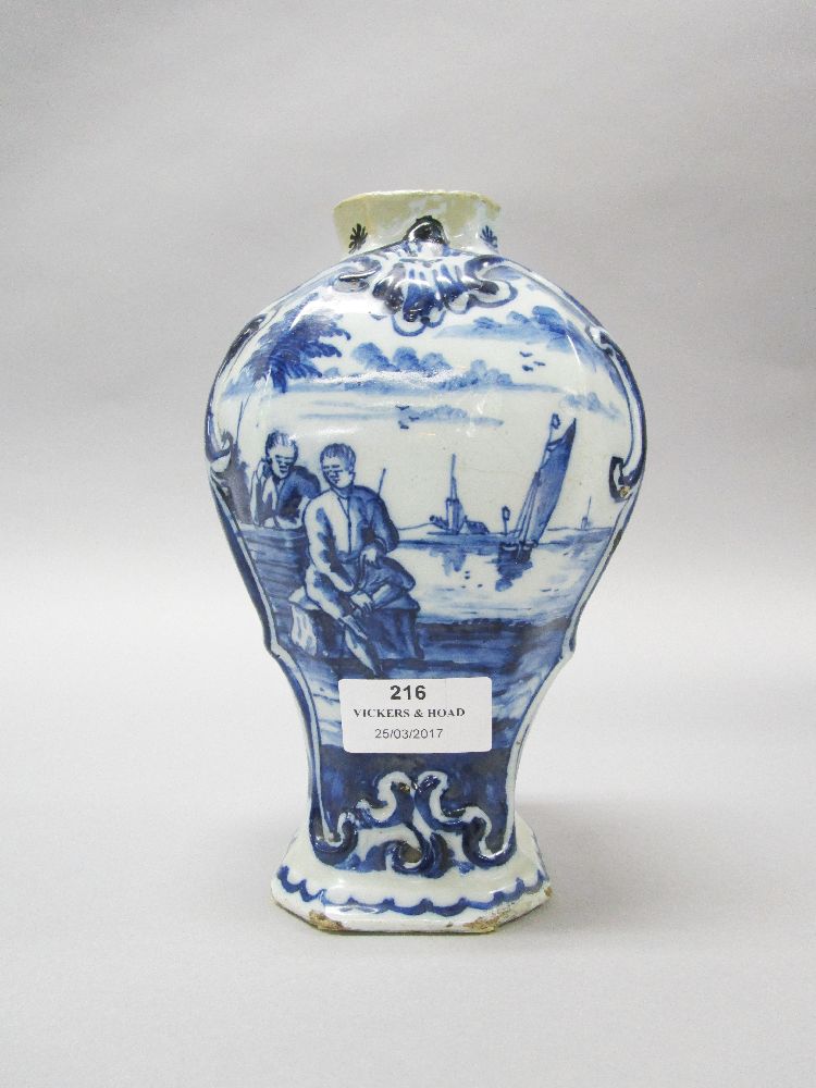 Antique Delft tin glazed blue & white sectional vase, approx 19cm H