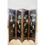 Oriental folding floor screen, four panels, each approx 122cm x 31cm