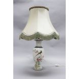 Antique Chinese porcelain vase decorated with budgerigar converted to a lamp with shade, approx 68cm