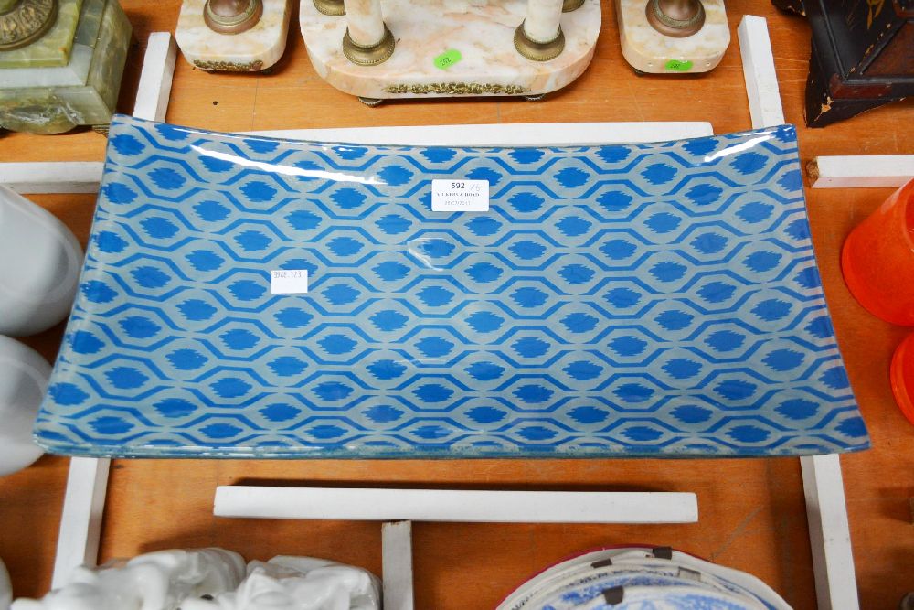 Six rectangular blue cream trellis pattern glass plates, each approx 48cm L (6)