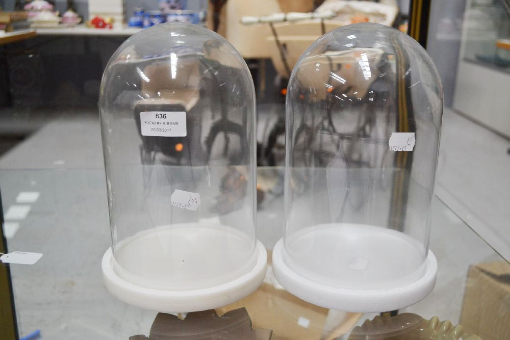Pair of glass domes with white marble bases, each approx 25cm H x 17cm dia (2)