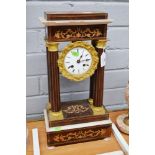 Antique French portico clock with inlaid decoration, has key and pendulum (in office), approx 42cm H