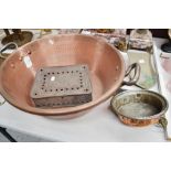 Antique French copper and cast metal preserving pan, scoop, saucepan and smoker, approx 41cm dia &