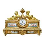 Large impressive French figural mantle clock, porcelain panels to the body, with an older Japy