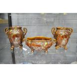 Antique French brown glazed three piece garniture set, approx 21cm H & shorter (3)